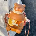 Cute brown bear-shaped children's water bottle with straw and portable strap - 30oz / Brown