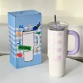 Hochwertiger 900ml isolierter Edelstahlbecher mit Blumenmuster, lila Griff und Metallstrohhalm - 700ml / Lila Sternenblume
