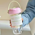 Portable glass water bottle with pink lid and green tea sleeve, dual drinking straw design - 620ml / Pink Lid
