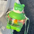 Creative cute green cartoon bear water bottle with straw and portable strap for kids - 30oz / Green