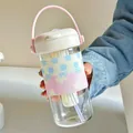 Portable high-borosilicate glass water bottle with tea filter and cute pastel sleeve - 620ml / Beige Lid
