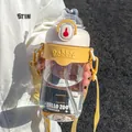 Cute rabbit-themed portable plastic water bottle with straw and yellow cross-body strap - Large (800ml) / Yellow