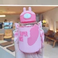 Close-up of pink rabbit straw cup with Super Like Me protective silicone sleeve. - 640ml / Pink