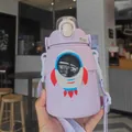 Large capacity purple rocket astronaut insulated water bottle with straw and strap - 850ml / Purple