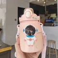 Kawaii pink astronaut stainless steel insulated water bottle with straw and shoulder strap - 850ml / Pink