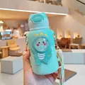 Botella térmica dinosaurio verde menta para niños con correa de arcoíris y pajita detallada - Verde