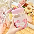 Bouteille d'eau en verre rose portable avec étui en cuir tulipe et couvercle à paille - 400ml / Rose
