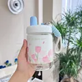 Gourde en verre portable avec étui en cuir à motif tulipes et sangle - 400ml / Blanc
