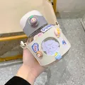 Süße Kinder-Trinkflasche mit Strohhalm, Lederhülle und Aufklebern für Mädchen - Grauer Big Belly Cup mit 3D-Aufklebern (BSQ499)