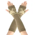 Detail van kaki gebreide armwarmers met schattig konijnenpatroon en vingerloos ontwerp - Eén maat / Khaki