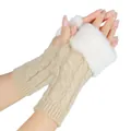 Close-up detail of beige cable knit fingerless gloves featuring soft white faux fur trim. - One Size / Half Finger / Beige
