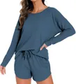 Detail showing waffle knit texture of blue long sleeve lounge set with drawstring shorts - S / Top And Bottom / Deep Sea Blue