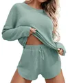 Close-up of a sage green waffle knit loungewear set with long sleeves and shorts - S / Top And Bottom / Mint Green