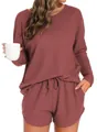 Two-piece waffle knit loungewear set with long sleeve top and drawstring shorts in rust red - S / Top And Bottom / Dark Red