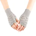 Detailed view of grey knitted fingerless gloves with heart-shaped hollow-out patterns - One Size / Light Gray