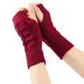 Detailed view of wine red fingerless knitted gloves featuring a diamond pattern texture - One Size / Burgundy