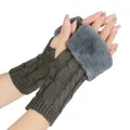 Close-up showing the soft grey cable-knit texture and plush faux fur trim on fingerless gloves - One Size / Half Finger / Dark Gray