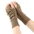 Detail view of brown knitted fingerless gloves for women with thick textured patterns. - One Size / Khaki