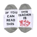 Close-up of cotton socks with 'Teacher is off duty' funny novelty quote on soles - One Size / Teacher Style / White