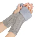 Detailed view of grey cable-knit fingerless gloves featuring soft faux fur trim around cuffs - One Size / Half Finger / Light Gray