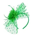 Detailed view of a green vintage fascinator headband with feathers and a dotted veil - Green