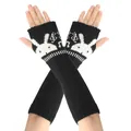 Zwarte lange vingerloze gebreide handschoenen met schattig wit konijntje en muzieknoten - Eén maat / Zwart