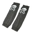 Detailed view of dark grey knitted leg warmers with white skull and polka dot patterns - One Size / Dark Gray