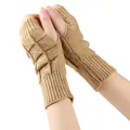 Detailed view of camel fingerless knit gloves showing the textured cable stitch pattern - One Size / Camel