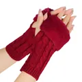 Detail view of stylish wine red cable knit fingerless gloves with soft faux fur trim - One Size / Half Finger / Wine Red