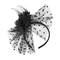 Detail view of black fascinator headband with feathers and polka dot mesh veil - Black