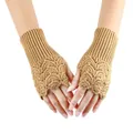 Close-up of camel knitted fingerless gloves with an intricate heart-shaped open-work pattern. - One Size / Camel