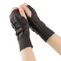 Close-up detail of dark brown knitted fingerless gloves showing thick diamond pattern - One Size / Dark Gray