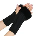 Close-up of black cable knit fingerless gloves with soft faux fur trim for winter - One Size / Half Finger / Black