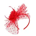 Close-up detail of the vintage red mesh fascinator with flower and feather décor. - Red