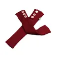 Close-up of burgundy knitted leg warmers featuring three vintage wooden buttons - One Size / Burgundy
