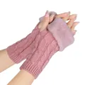 Detail of pink cable knit fingerless gloves with soft faux fur trim for winter warmth. - One Size / Half Finger / Leather Purple