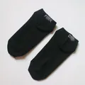 Close-up view of black cotton ankle socks featuring white 'FUCK OFF' embroidered text design - One Size / FUCK OFF / Black