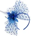 Macro detail of blue flower fascinator headband with feather and polka dot mesh - Blue