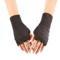 Close-up of brown knitted fingerless gloves featuring a delicate hollow heart pattern - One Size / Dark Gray