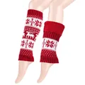 Red and white Christmas knit leg warmers with reindeer pattern and fleece lining - One Size / Burgundy