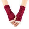 Close-up detail of wine red knitted fingerless gloves featuring delicate white lace trim - One Size / Burgundy