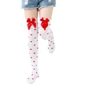 Close-up detail of white over-the-knee socks with red heart patterns and satin bows - One Size / White Socks With Red Heart Pattern And Red Bow