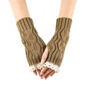 Close-up of brown knitted fingerless arm warmers with white lace trim and leaf pattern. - One Size / Khaki
