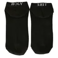 Detailed view of black funny socks featuring 'HOLY SHIT' printed design on the heel - One Size / HOLY SHIT / Black