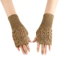 Detailed view of brown knitted fingerless gloves with hollow heart pattern for winter - One Size / Khaki