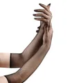 Detailed view of long black fishnet gloves with elastic mesh and full-finger design - Long / Black