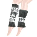 Detail view of winter knit leg warmers with soft plush lining and festive deer design - One Size / Dark Gray