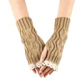 Detail view of khaki knitted fingerless gloves with leaf pattern and lace trim. - One Size / Camel