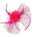 Detailed view of fuchsia fascinator headband with floral mesh veil, feathers and dots. - Rose Red