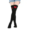 Close-up of black over-the-knee socks featuring a red heart pattern on the top cuff. - One Size / Black Socks with Large Red Heart